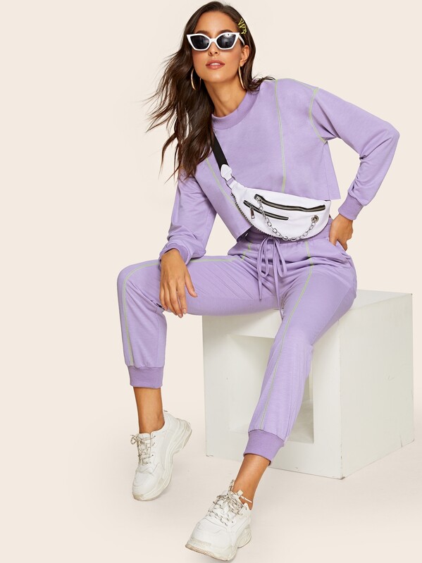 

Contrast Stitch Crop Top With Drawstring Waist Pants Without Bag, Purple, Mary P.