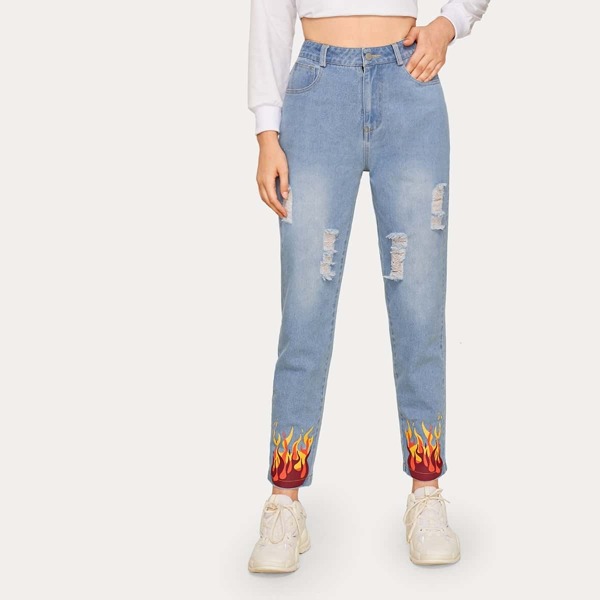 

Fire Print Ripped Mom Jeans