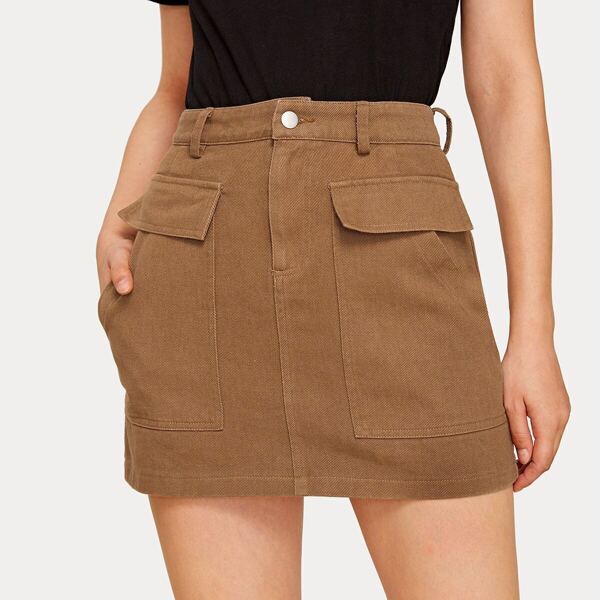 Solid Dual Pocket Front Denim Skirt, Khaki
