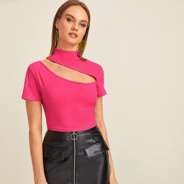 

Cut Out Stand Collar Ribbed Tee
