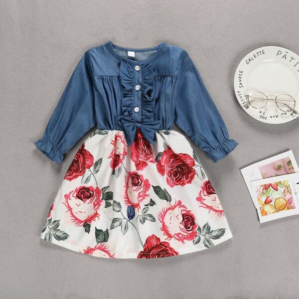 

Toddler Girls Large Floral Frill Combo A-line Dress, Multicolor