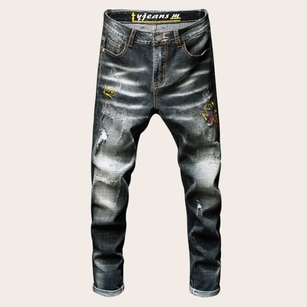 

Men Embroidery Ripped Skinny Jeans