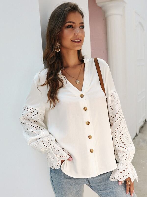 

Button Front Flounce Sleeve Contrast Schiffy Blouse, White