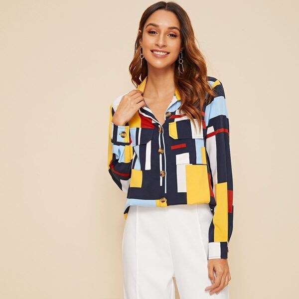 

Button Front Flap Pocket High Low Hem Blouse, Multicolor