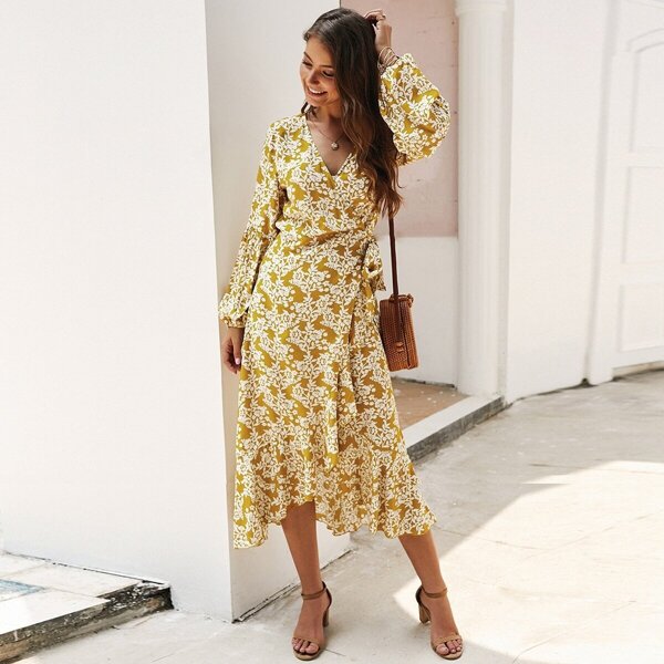 

Ditsy Floral Print Tie Side Wrap Dress, Yellow