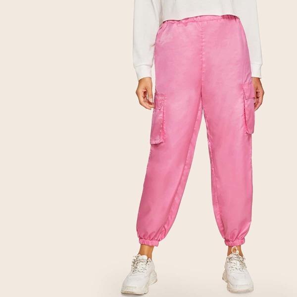 

Solid Elastic Waist Flap Pocket Pants