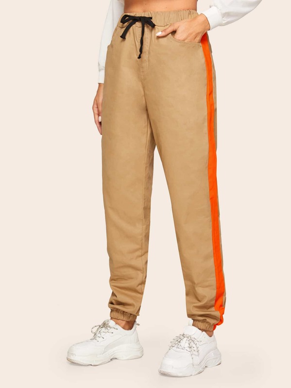 

Drawstring Waist Contrast Tape Side Pants, Khaki, Juliana