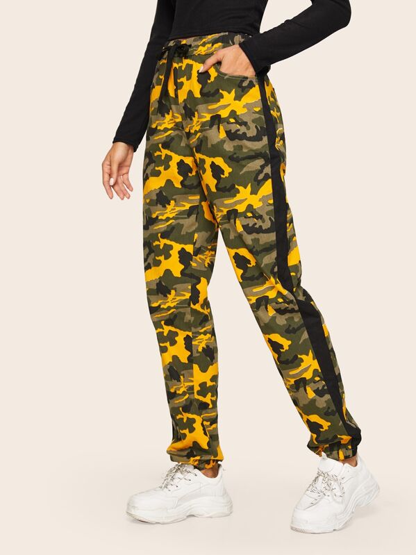 

Drawstring Waist Contrast Tape Side Camo Pants, Multicolor, Juliana