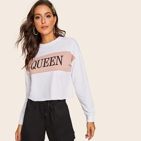 

Drop Shoulder Contrast Letter Graphic Sweatshirt, White