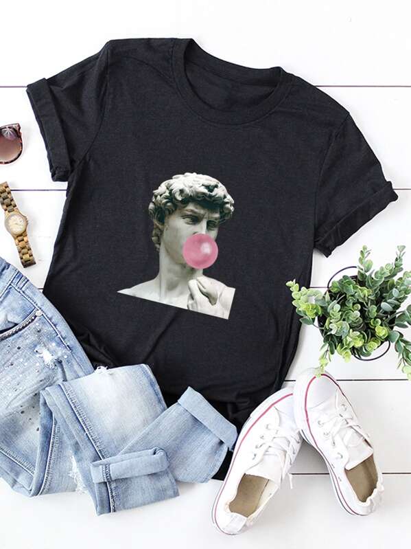 

Round Neck Figure Sculpture Graphic Tee, Black