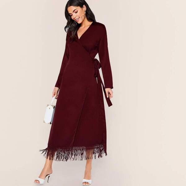 

Fringe Lace Hem Surplice Wrap Satin Dress, Burgundy