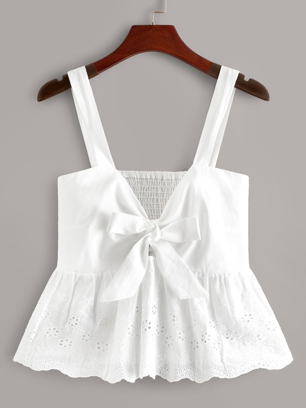 

Solid Knot Back Shirred Ruffle Hem Cami Top, White