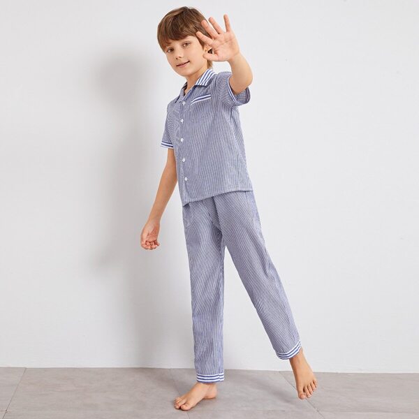 

Boys Notch Collar Striped Shirt and Pants PJ Set, Blue