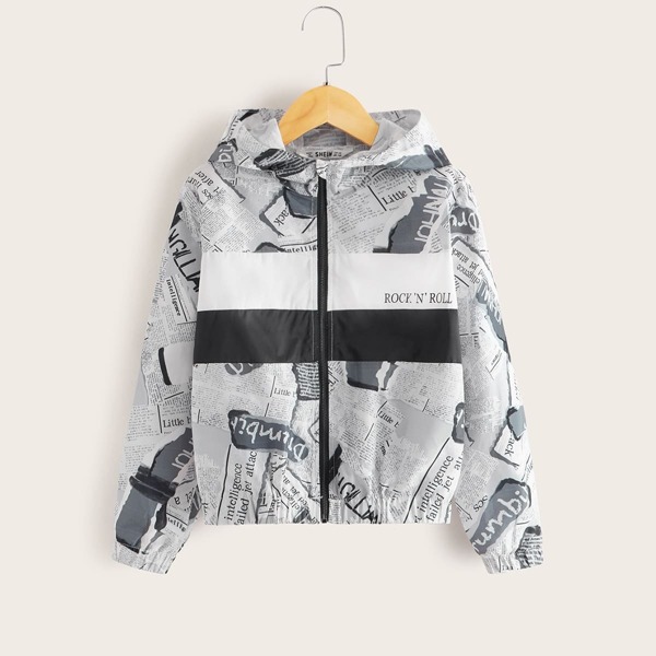 

Boys Zip Up Newspaper Print Hooded Jacket, Black and white