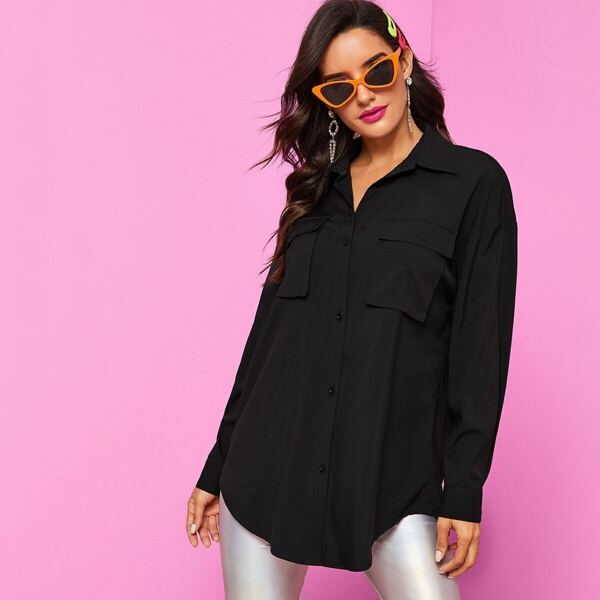 

Flap Pocket Front Curved Hem Blouse Without Bag, Black