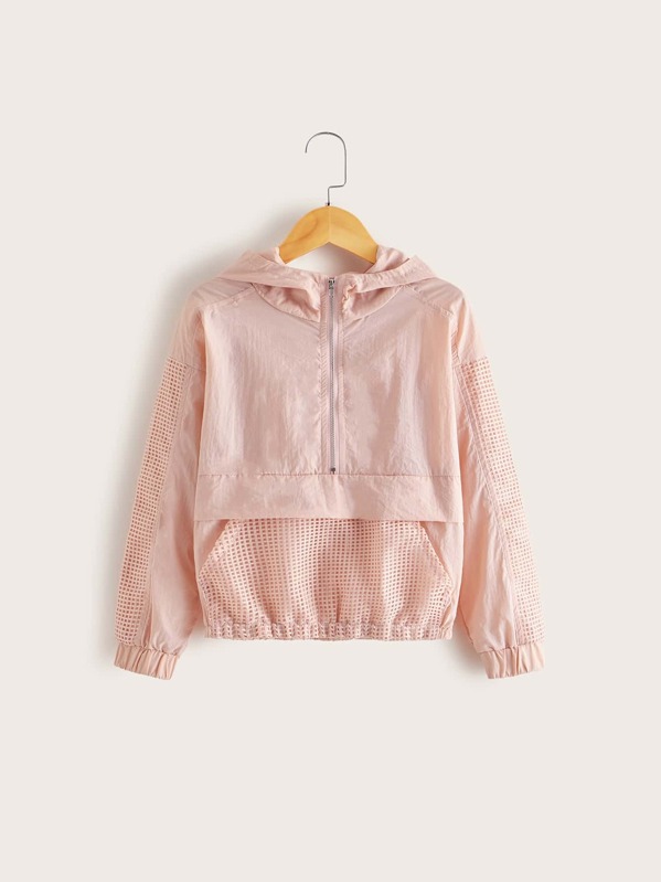 

Girls Zip Half Placket Fishnet Mesh Panel Hooded Jacket, Pink