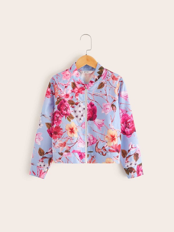 

Girls Zip Up Floral Print Bomber Jacket, Multicolor