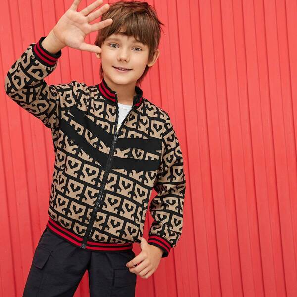 

Boys Striped Trim Graphic Print Zip Up Bomber Jacket, Multicolor