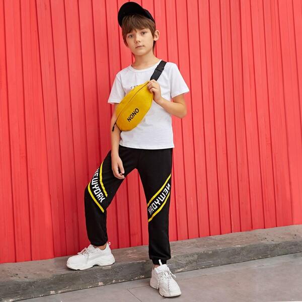 

Boys Elastic Waist Letter Print Sweatpants, Black
