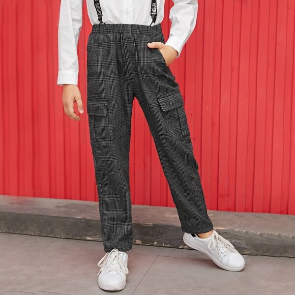 

Boys Elastic Waist Flap Pocket Plaid Pants, Grey