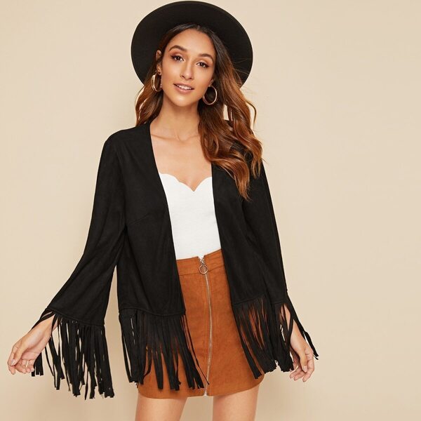 

Open Front Fringe Trim Suede Coat, Black