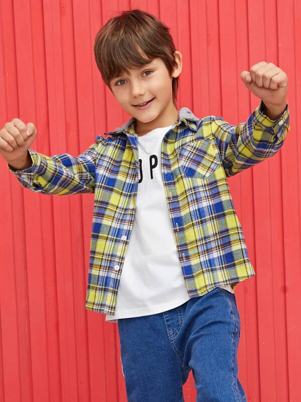 

Boys Pocket Patched Contrast Hooded Plaid Shirt, Multicolor, Bogdan