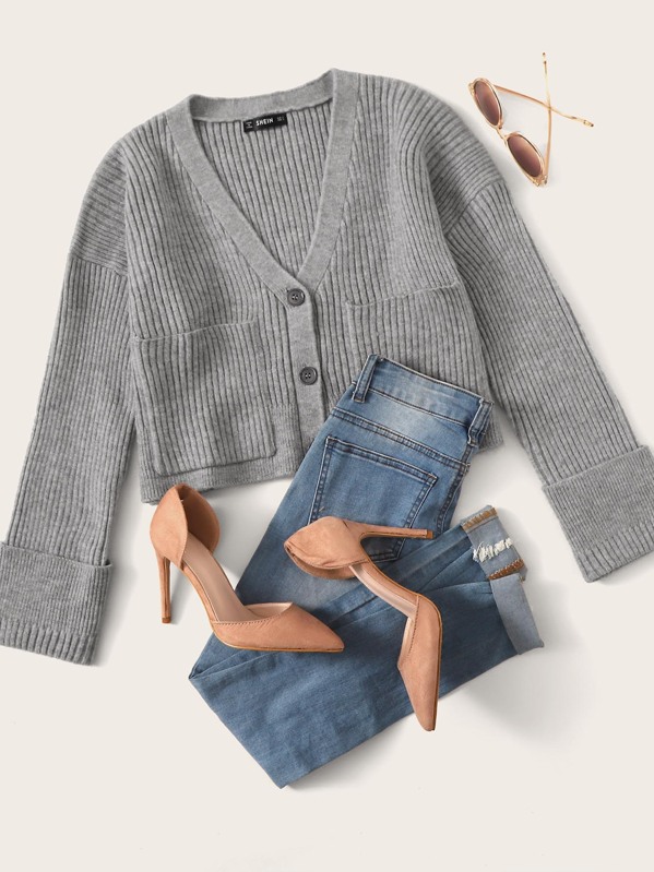 

Button Front Pocket Detail Knit Cardigan, Grey