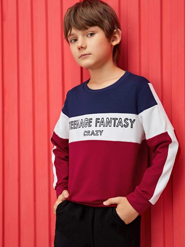 

Boys Striped Side Colorblock Slogan Embroidered Sweatshirt, Multicolor, Bogdan
