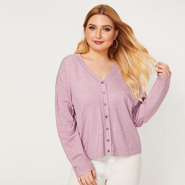 

Plus Heathered Knit Button Up Cardigan, Purple pastel