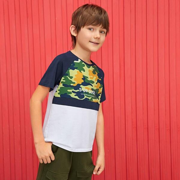 

Boys Raglan Sleeve Camo & Slogan Print Tee