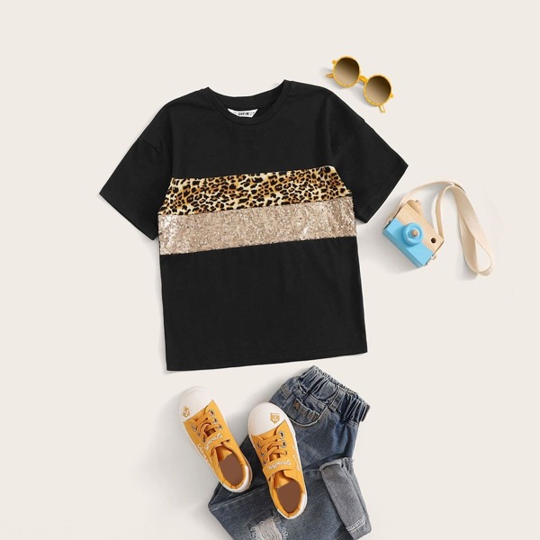 

Girls Colorblock Sequin and Leopard Panel Top