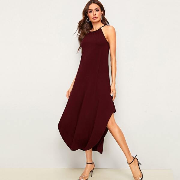 

Keyhole Back Curved Hem Halter Dress