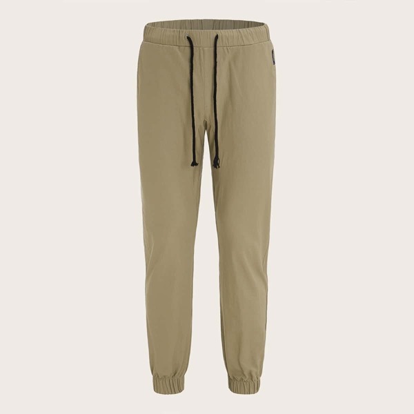 

Men Drawstring Waist Patch Detail Pants, Khaki