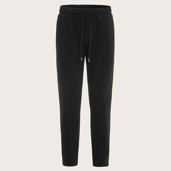 

Men Drawstring Waist Neon Striped Side Pants, Black