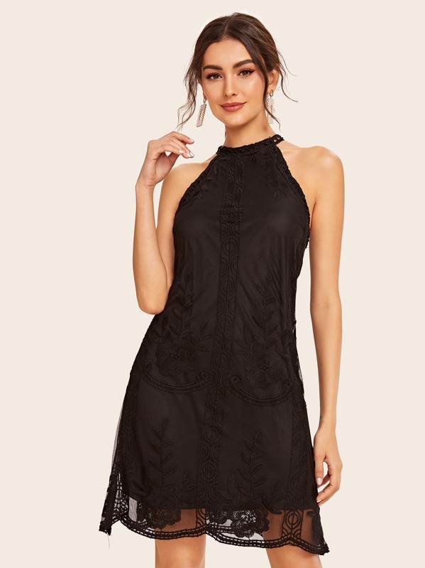 

Embroidered Mesh Overlay Halter Dress, Black, Carol A