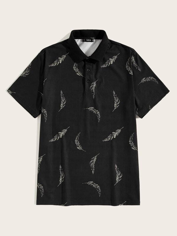 

Men Feather Print Polo Shirt, Black