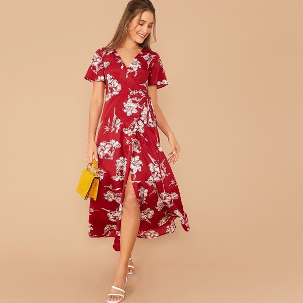 

Floral Print Tie Side Wrap Dress, Burgundy