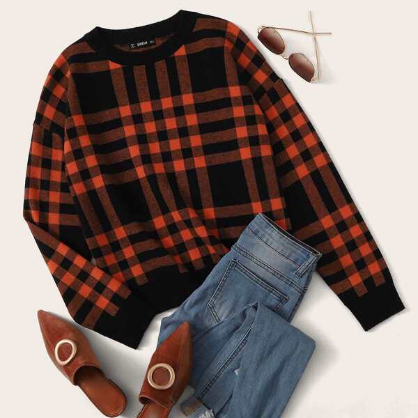 

Round Neck Plaid Sweater, Multicolor