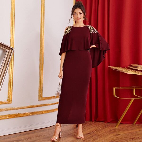 

Embroidery Cold Shoulder Split Back Cape Dress, Burgundy