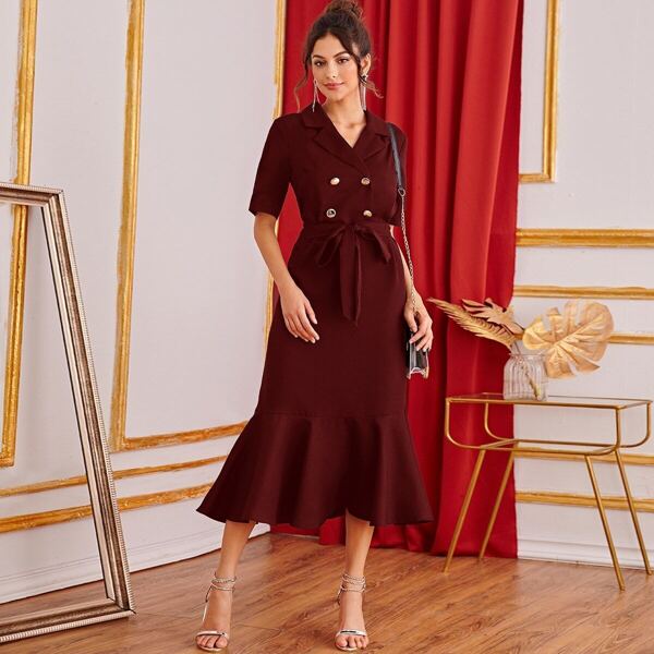 

Double Breasted Front Flounce Hem Belted Dress, Burgundy