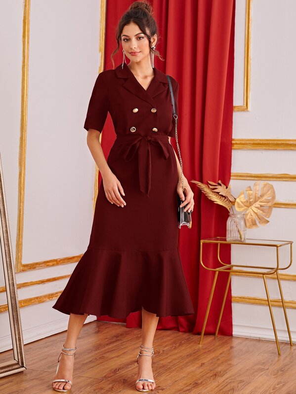 

Double Breasted Front Flounce Hem Belted Dress, Burgundy, Carol A