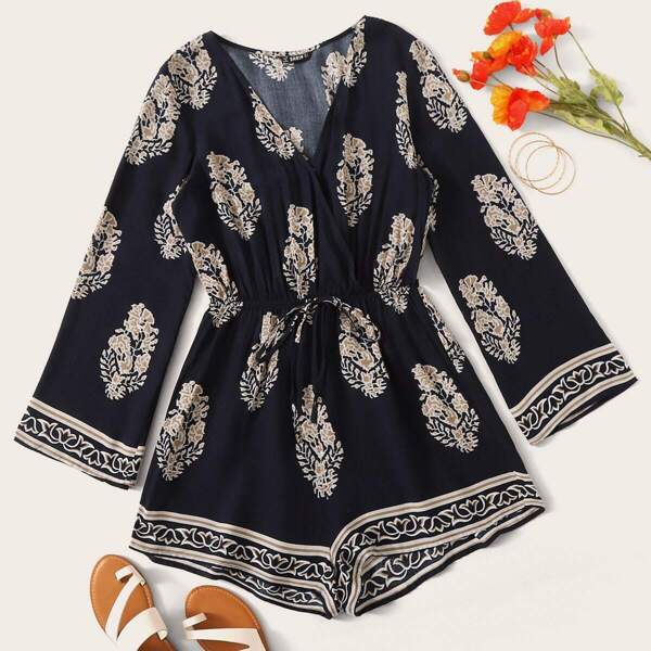 

Surplice Neck Drawstring Waist Tribal Print Romper, Navy