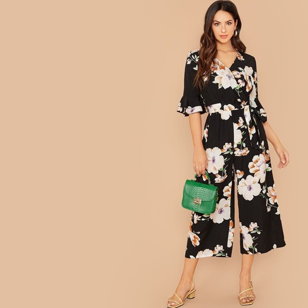 

Flounce Sleeve Surplice Wrap Belted Floral Print Jumpsuit, Multicolor