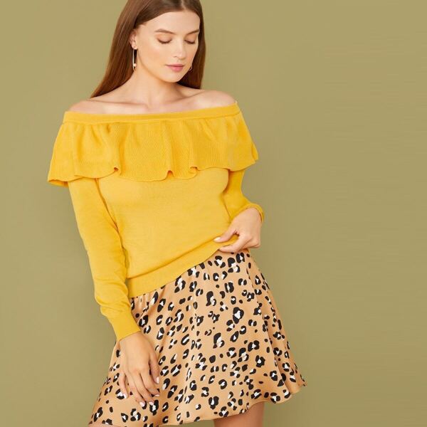 

Neon Yellow Boat Neck Ruffle Foldover Knit Top, Yellow bright