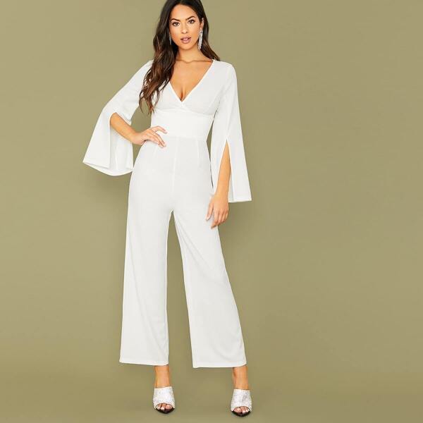 

Plunging Neck Slit Sleeve Wide Leg Jumpsuit