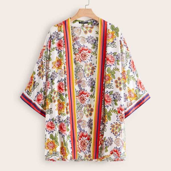 

Plus Open Front Striped Trim Floral Print Kimono, Multicolor