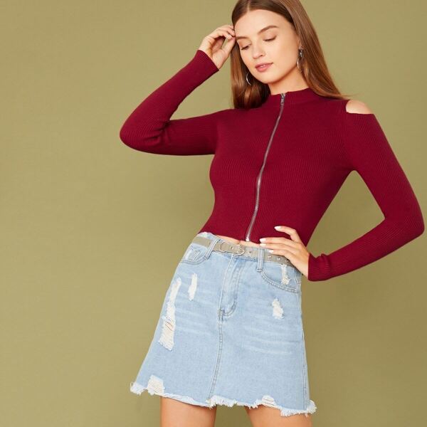 

Cold Shoulder Zipper Front Fitted Cardigan, Burgundy