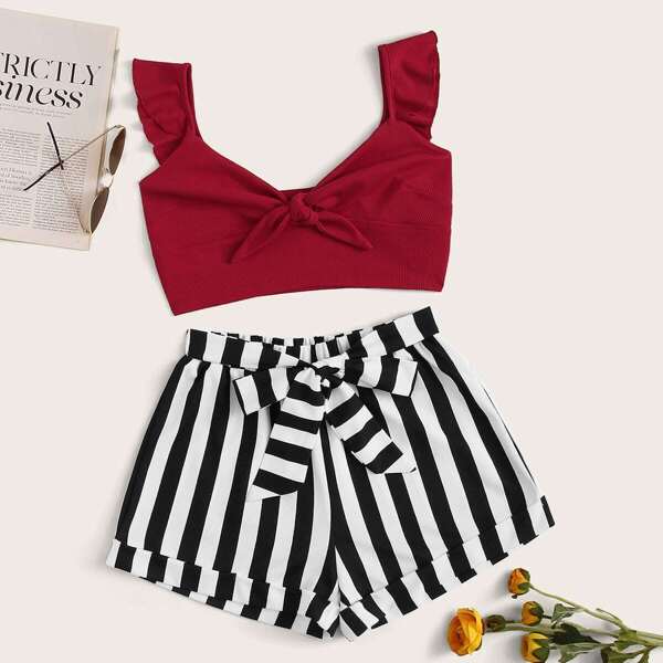 

Knot Front Ruffle Strap Top & Tie Waist Striped Shorts Set