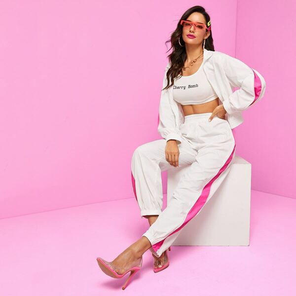 

Hidden Side Seam Zipper Windbreaker Jacket & Pants Set, White