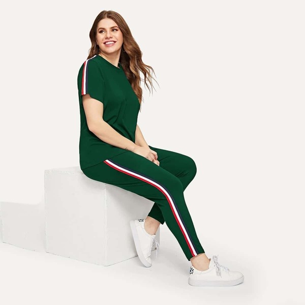 

Plus Striped Tape Side Tee & Pants Set, Green